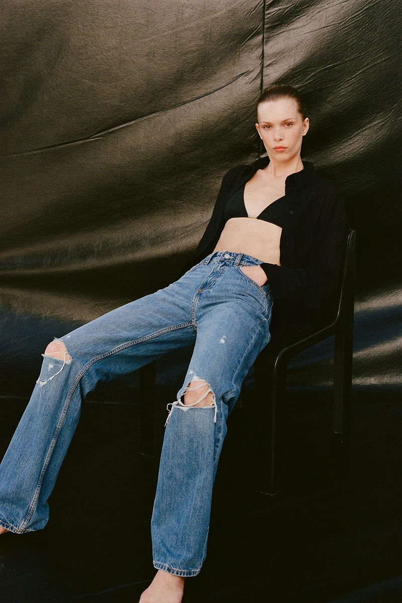 TRF MID-RISE RIPPED WIDE LEG JEANS
