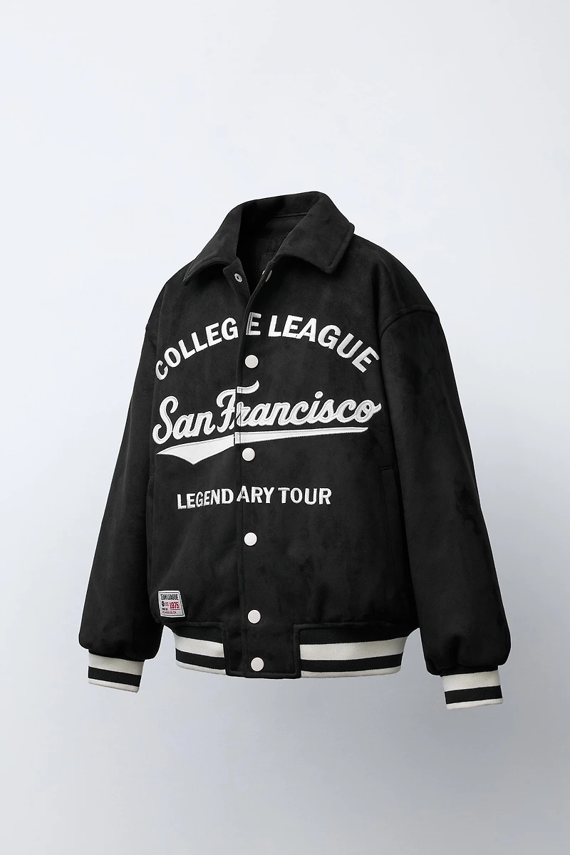 EMBROIDERED TEXT FAUX SUEDE BOMBER JACKET