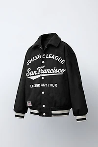 EMBROIDERED TEXT FAUX SUEDE BOMBER JACKET