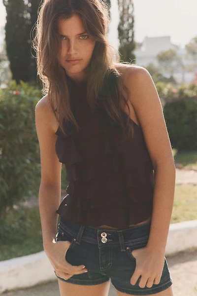 TOP EN GEORGETTE À ENCOLURE AMÉRICAINE ET POIS