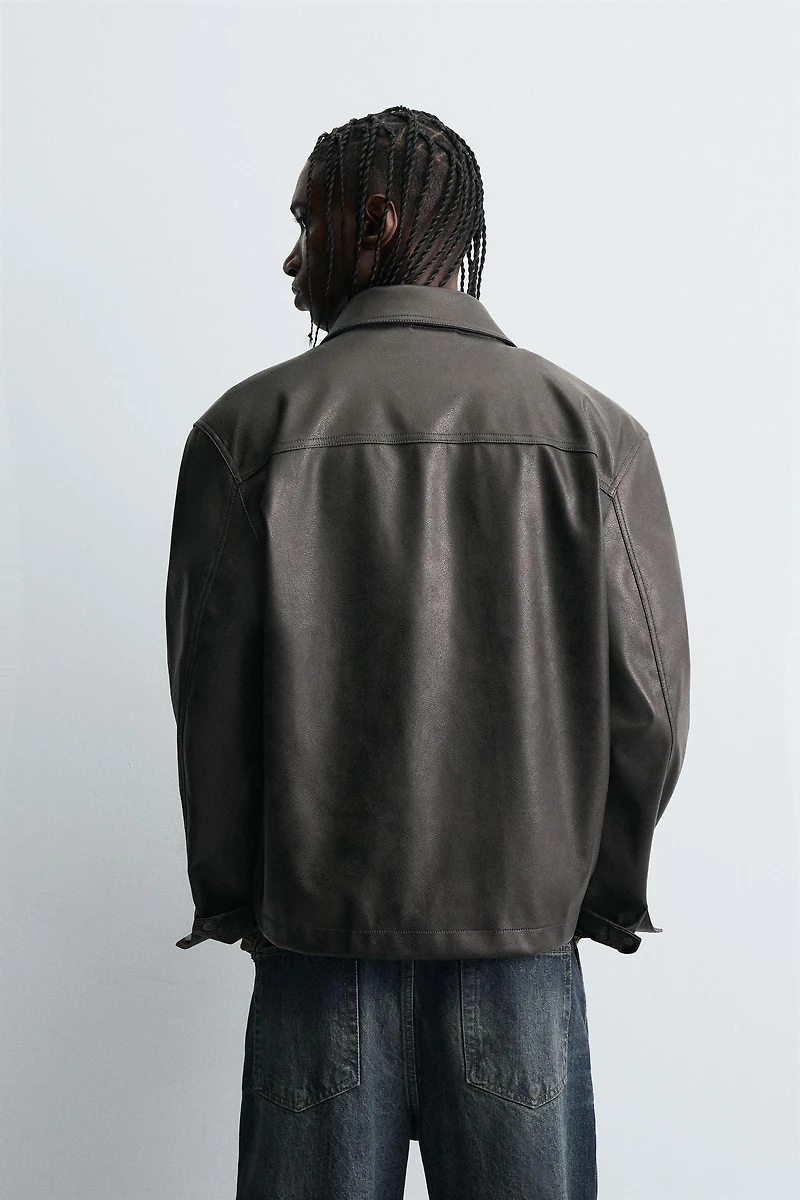 WASHED FAUX LEATHER OVERSHIRT