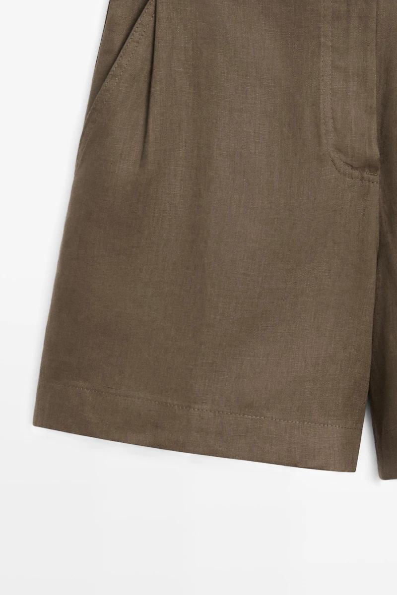 Pleated 100% linen shorts