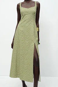 LINEN BLEND POLKA DOT MIDI DRESS