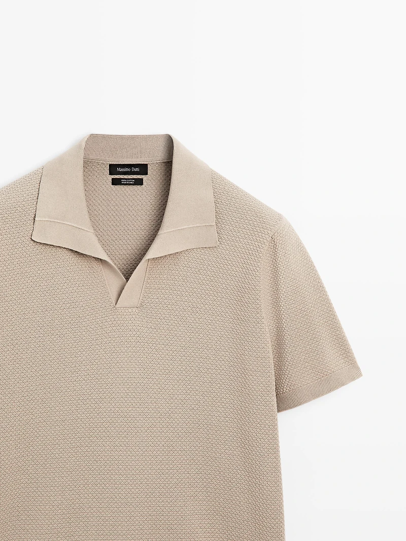 Textured knit V-neck polo shirt