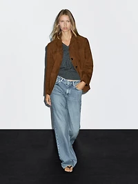 Blazer en cuir finition daim avec surpiqûre