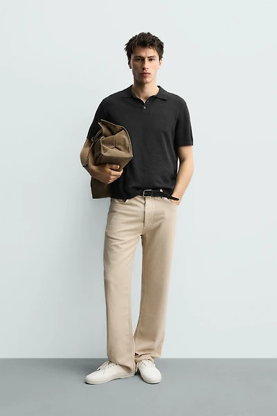 KNIT LINEN COTTON BLEND POLO SHIRT