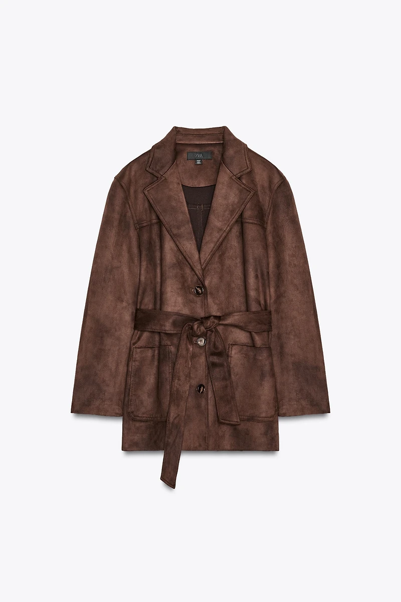 BELTED FAUX SUEDE JACKET