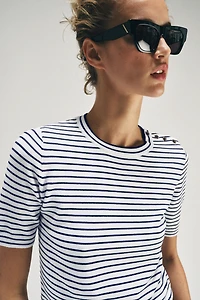 STRIPED SHORT SLEEVE KNIT JUMPER