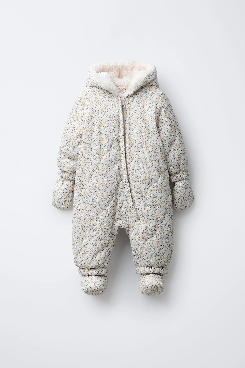 NYLON ROMPER WITH DETACHABLE MITTENS AND BOOTIES, FLORAL PRINT