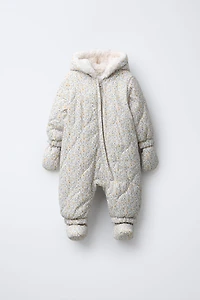 NYLON ROMPER WITH DETACHABLE MITTENS AND BOOTIES, FLORAL PRINT