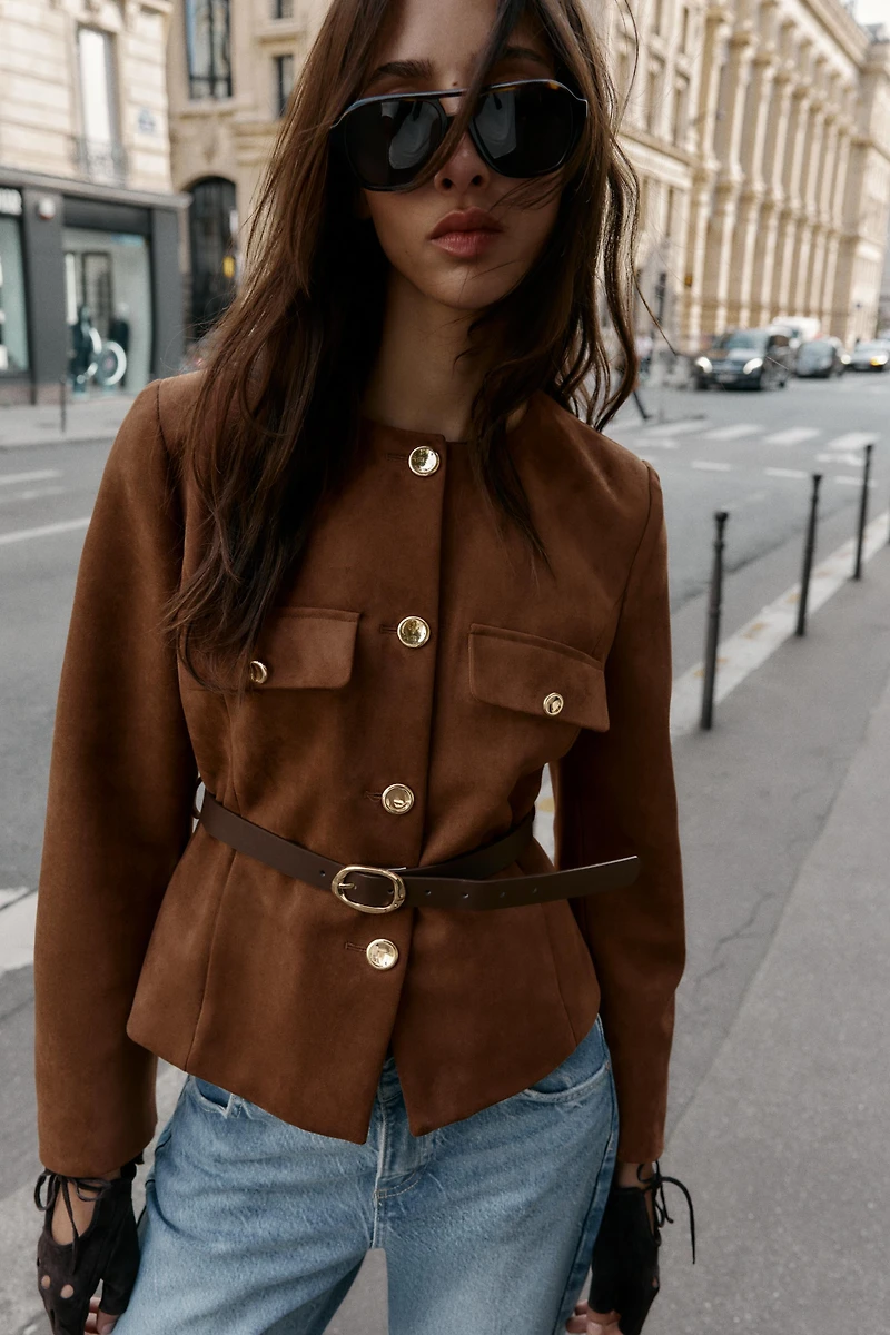 FAUX SUEDE BELTED BLAZER