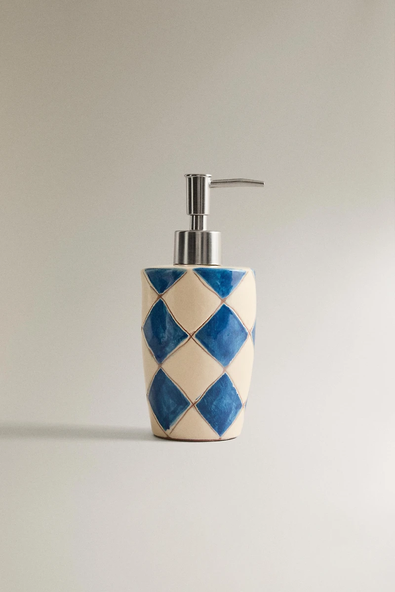 DISTRIBUTEUR SAVON CÉRAMIQUE LOSANGES BLEUES
