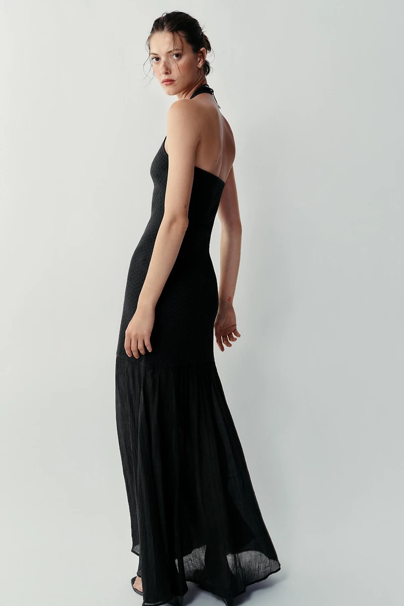 COMBINATION KNIT HALTER DRESS
