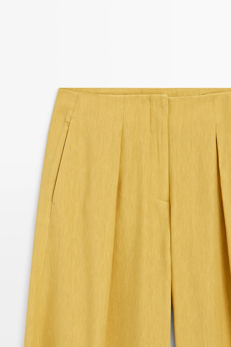 Wide-leg flowing linen blend pleated pants