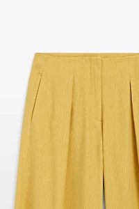 Wide-leg flowing linen blend pleated pants