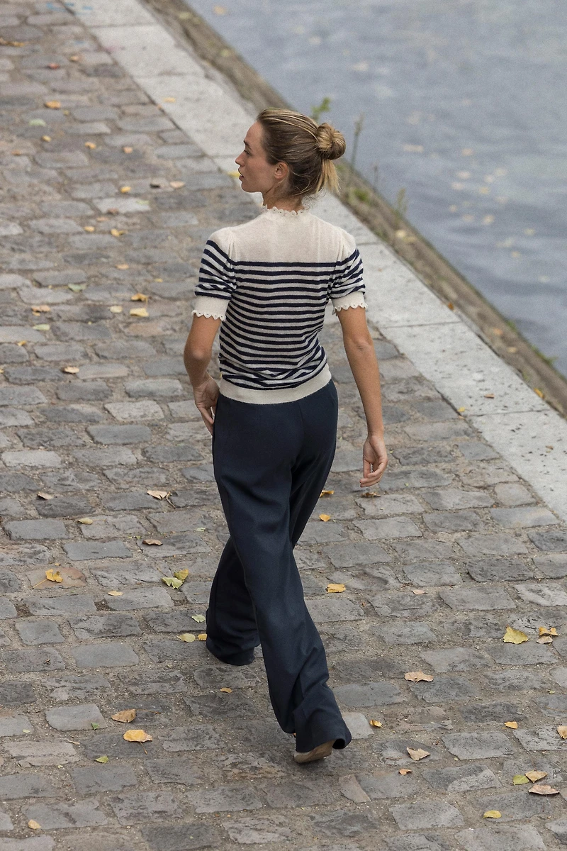 RUFFLE TRIM STRIPED KNIT TOP