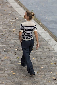 RUFFLE TRIM STRIPED KNIT TOP