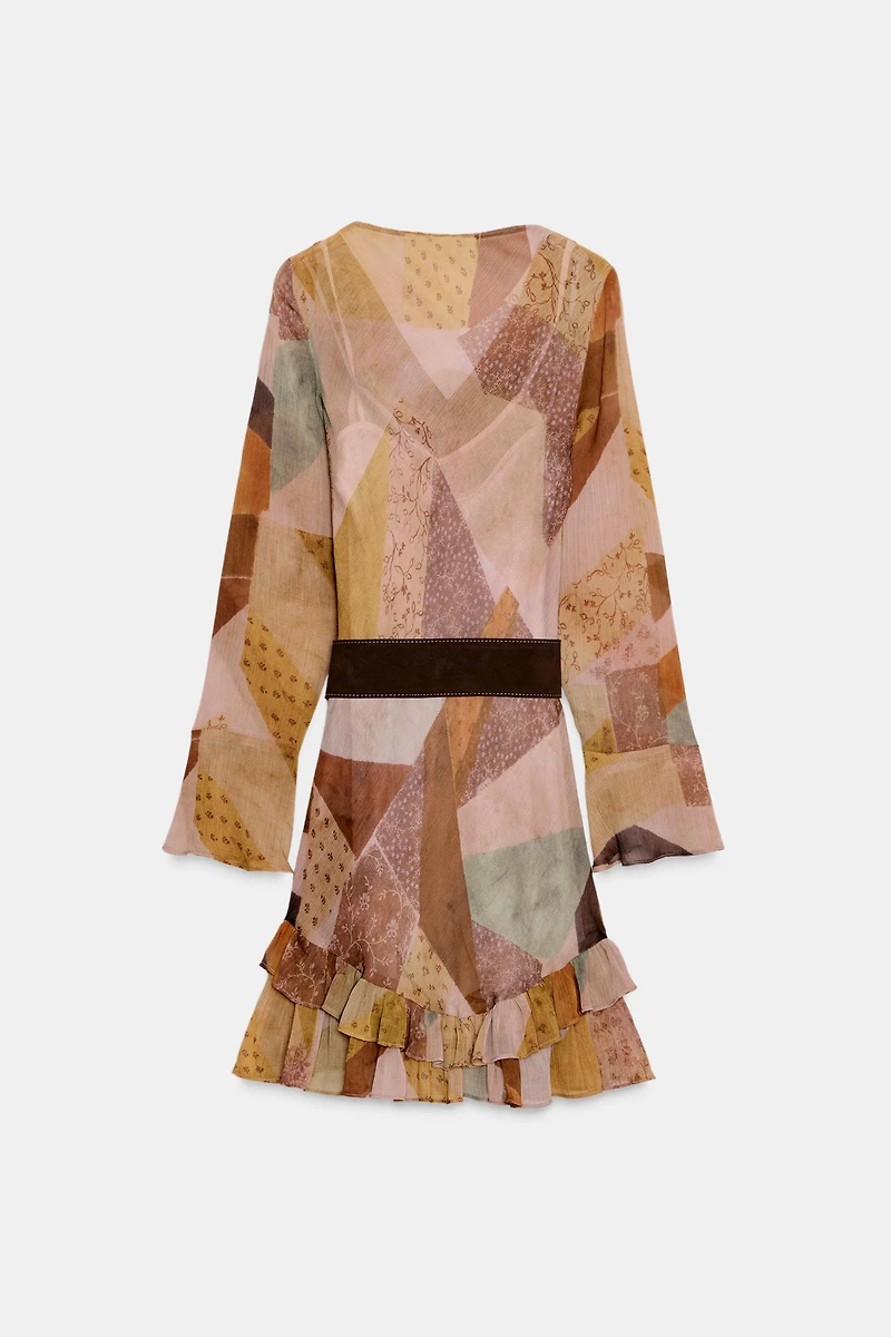 PATCHWORK PRINT BELTED MINI DRESS