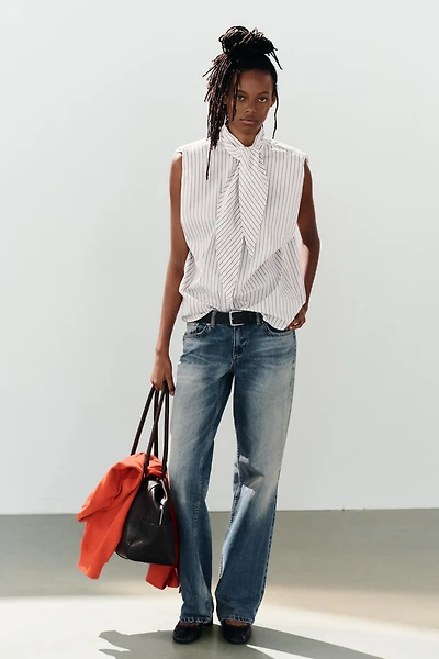 STRIPED TIE-NECK SHIRT WITH SHOULDER PADS