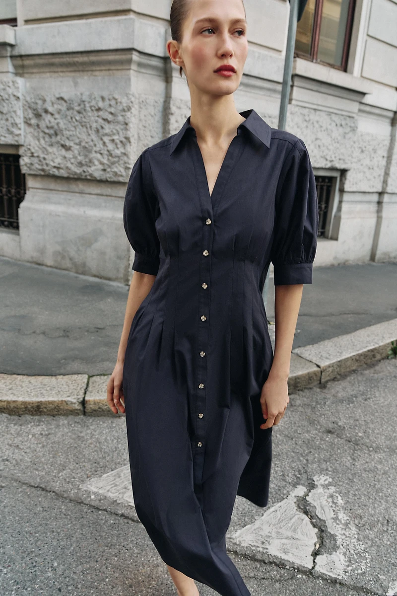 ROBE MI-LONGUE EN POPELINE À MANCHES BOUFFANTES