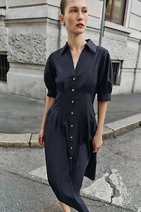 ROBE MI-LONGUE EN POPELINE À MANCHES BOUFFANTES