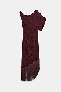 ROBE MI-LONGUE ASYMÉTRIQUE FRANGES DÉVORÉES