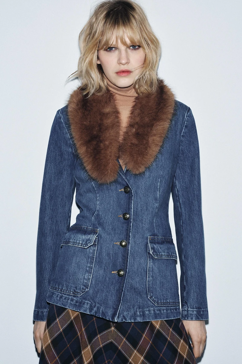 DENIM BLAZER WITH FAUX FUR COLLAR ZW COLLECTION