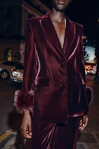 VELVET BLAZER WITH FAUX FUR CUFFS