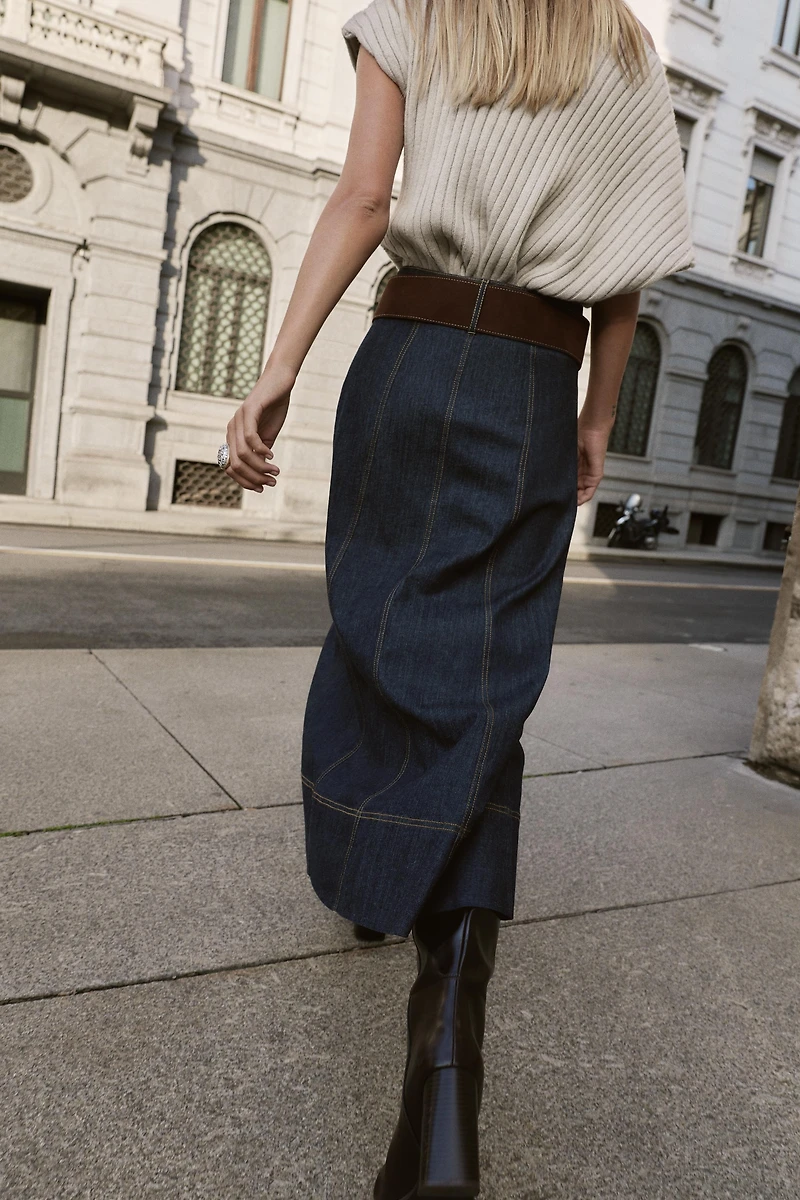 Z1975 BELTED DENIM MIDI WRAP SKIRT