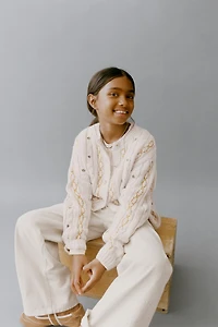 EMBROIDERED CABLE KNIT CARDIGAN