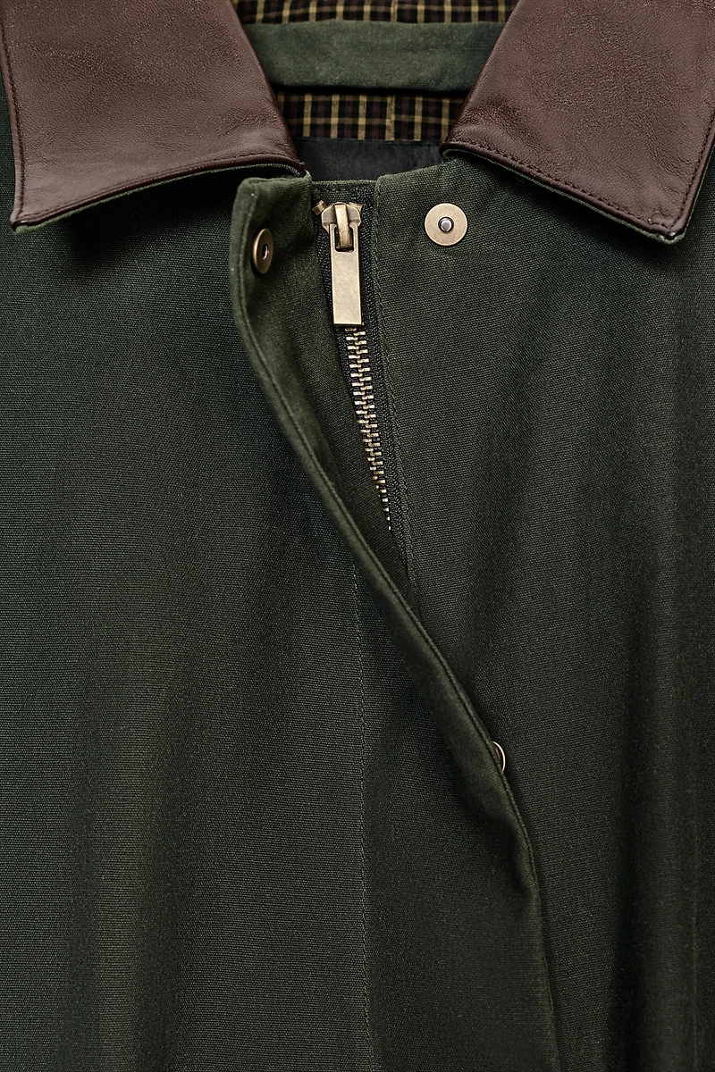 CONTRAST FAUX LEATHER COLLAR TRENCH COAT ZW COLLECTION