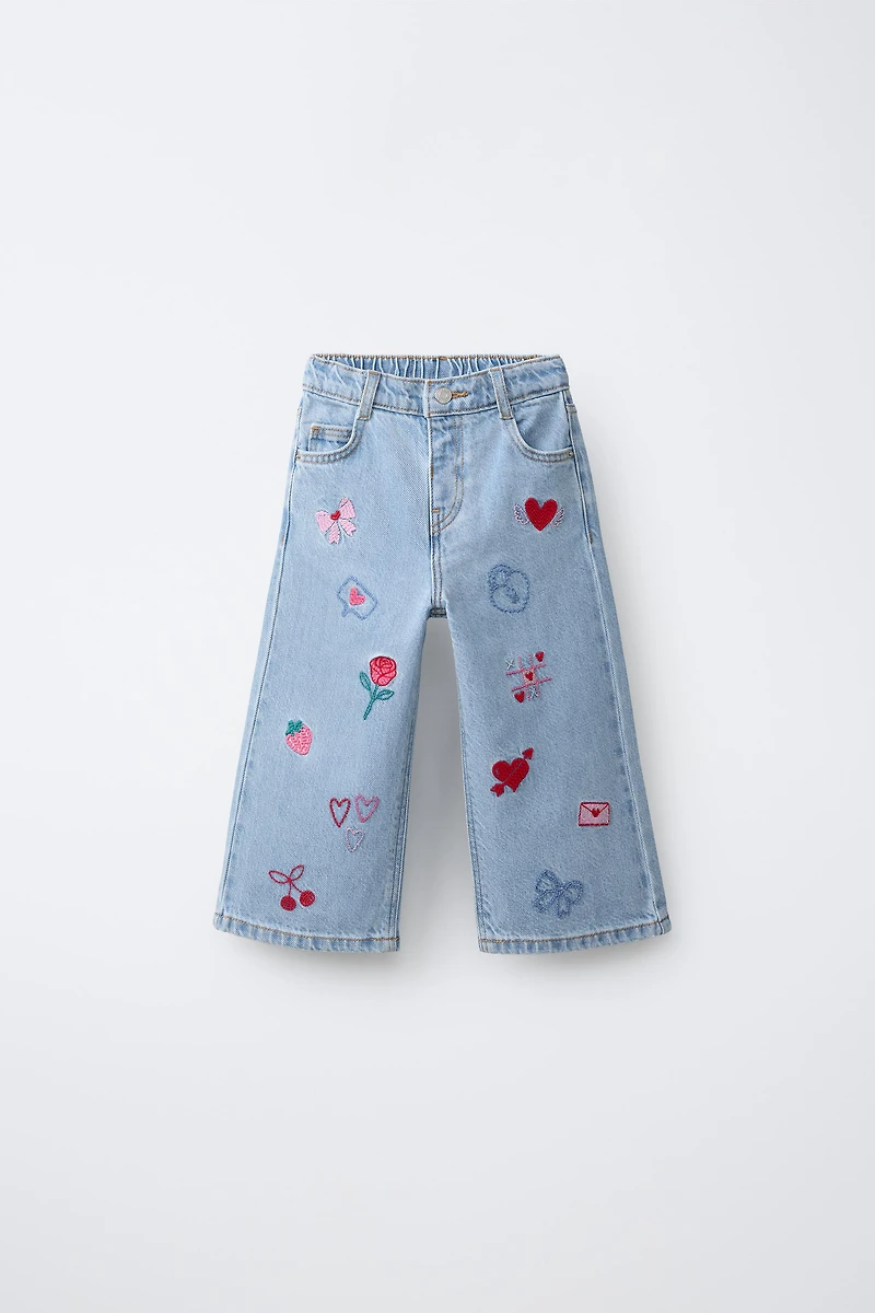 EMBROIDERED WIDE LEG JEANS