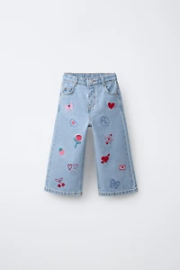 EMBROIDERED WIDE LEG JEANS