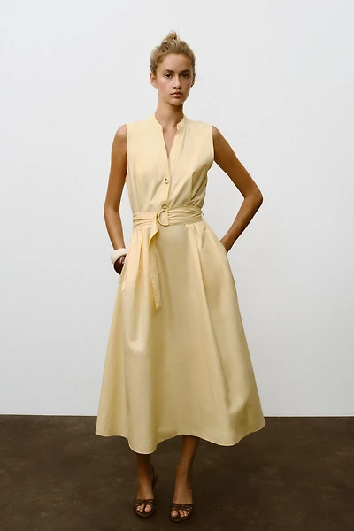 BELTED POPLIN MIDI DRESS