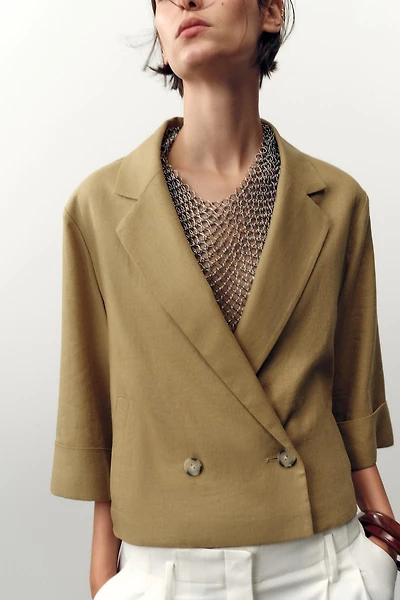 LINEN DOUBLE BREASTED SHORT BLAZER
