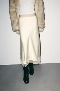 SATIN EFFECT LACE MIDI SKIRT