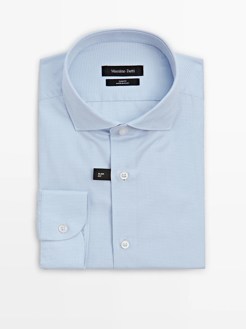 Slim fit micro-checked 100% cotton shirt