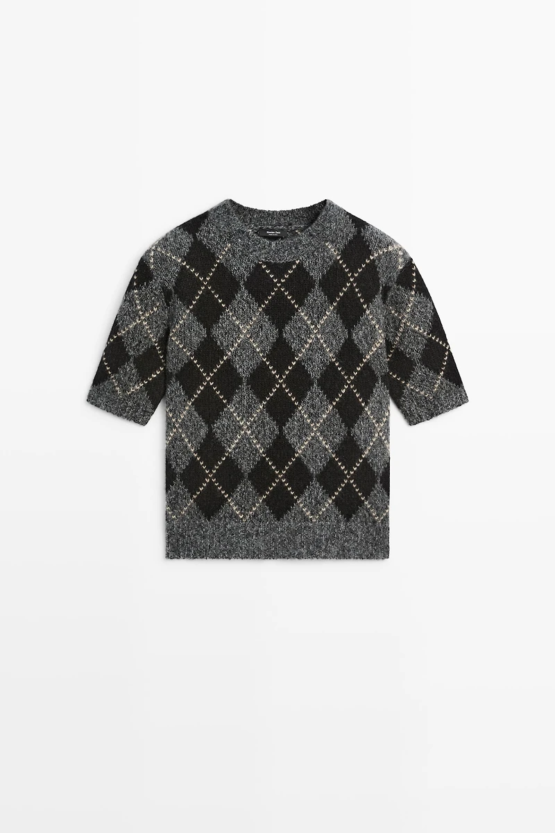 Cashmere-blend short sleeve argyle knit sweater