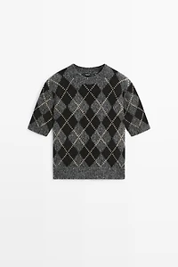 Cashmere-blend short sleeve argyle knit sweater