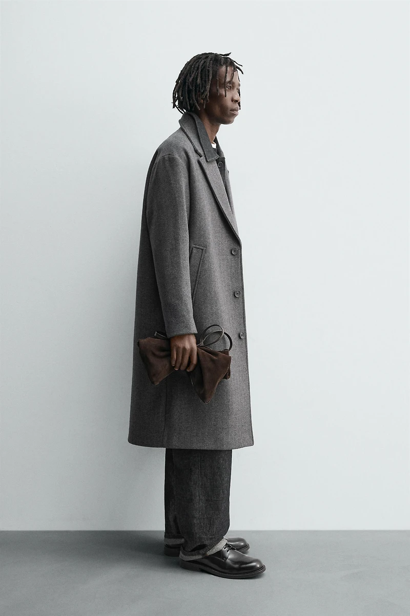 HERRINGBONE TEXTURED WOOL BLEND COAT