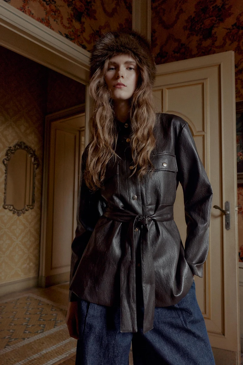 FAUX LEATHER LONG BELTED JACKET
