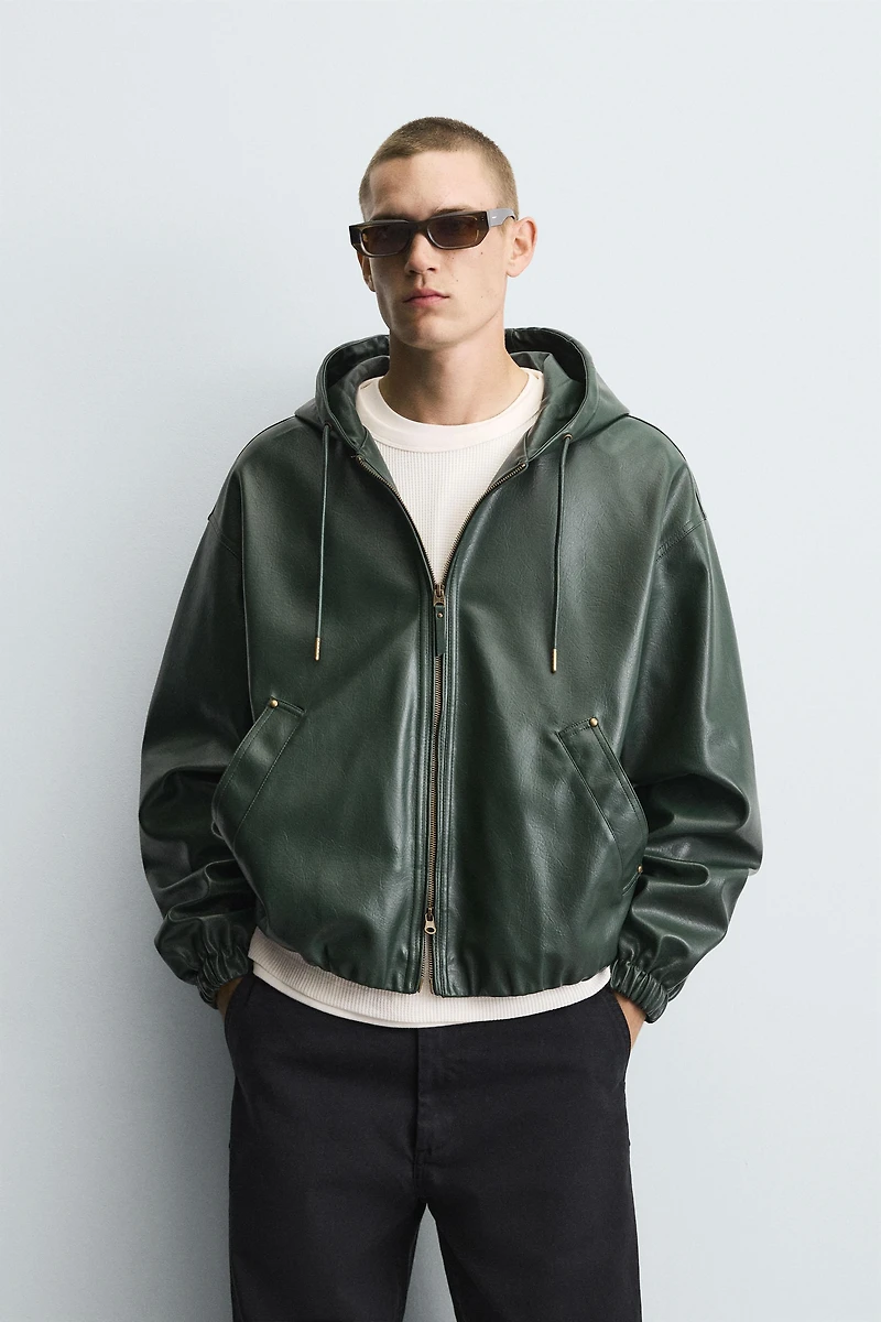 HOODIE FAUX LEATHER JACKET
