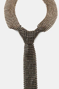 METALLIC RHINESTONE TIE NECKLACE