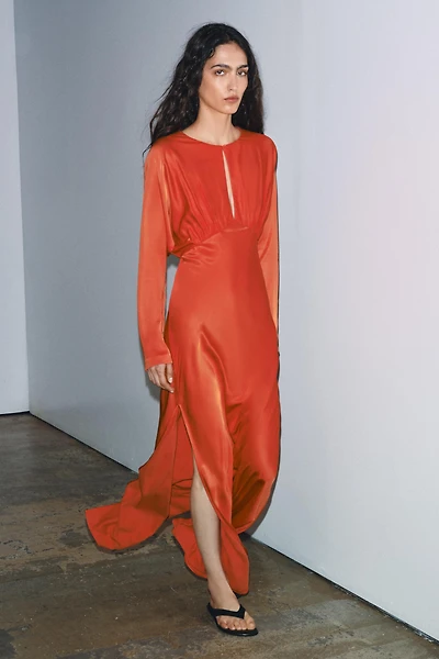 SLIT BATWING SLEEVE SATIN EFFECT DRESS