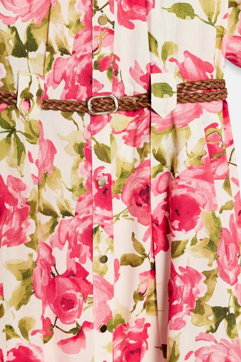 ROBE MI-LONGUE CHEMISE IMPRIMÉ FLEURI AVEC CEINTURE