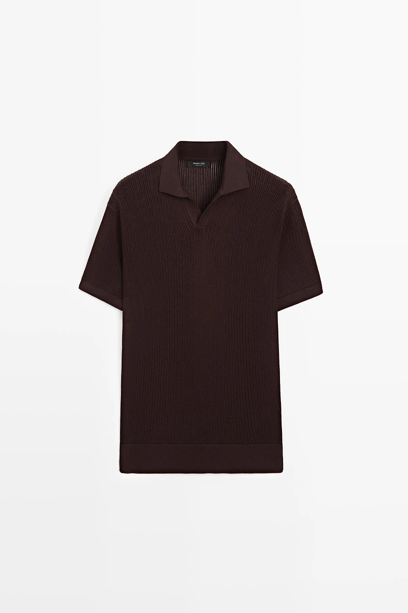 Cotton-blend V-neck knit polo shirt
