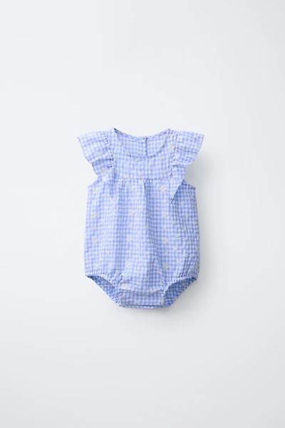 EMBROIDERED DAISY GINGHAM ROMPER