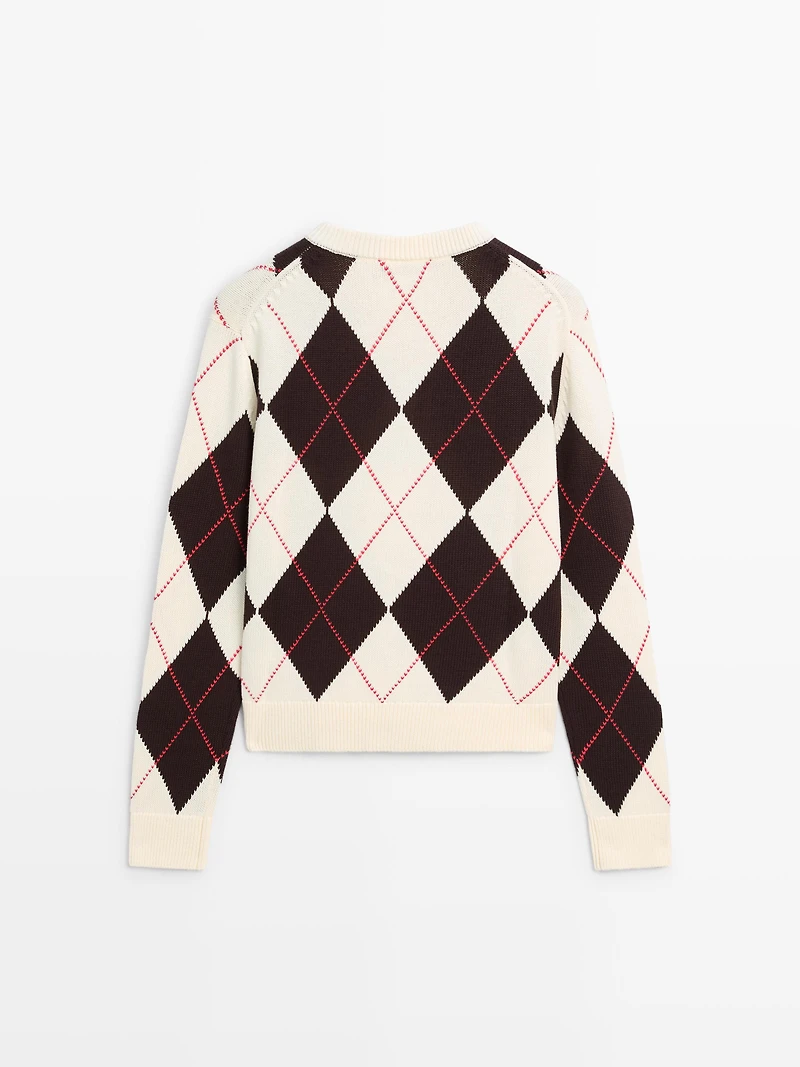 Cotton argyle knit cardigan