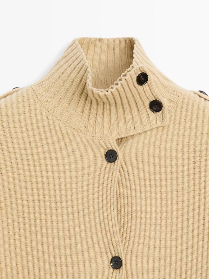 100% wool turtleneck knit cardigan