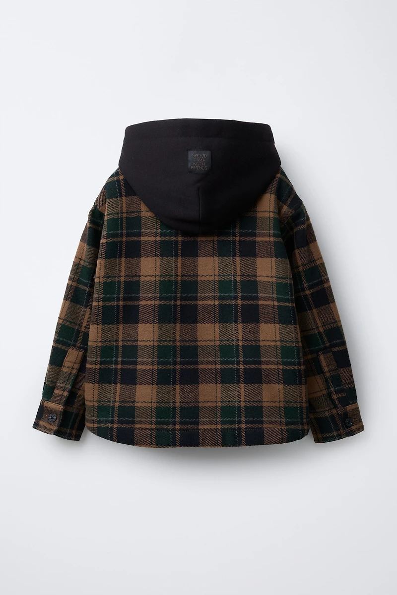 PLAID OVERSHIRT WITH REMOVABLE HOODIE AND FAUX SHEARLING